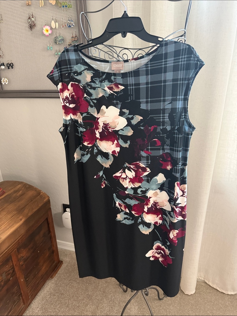 Chico's Floral & Plaid Sleeveless Shift Dress - Black/Multi